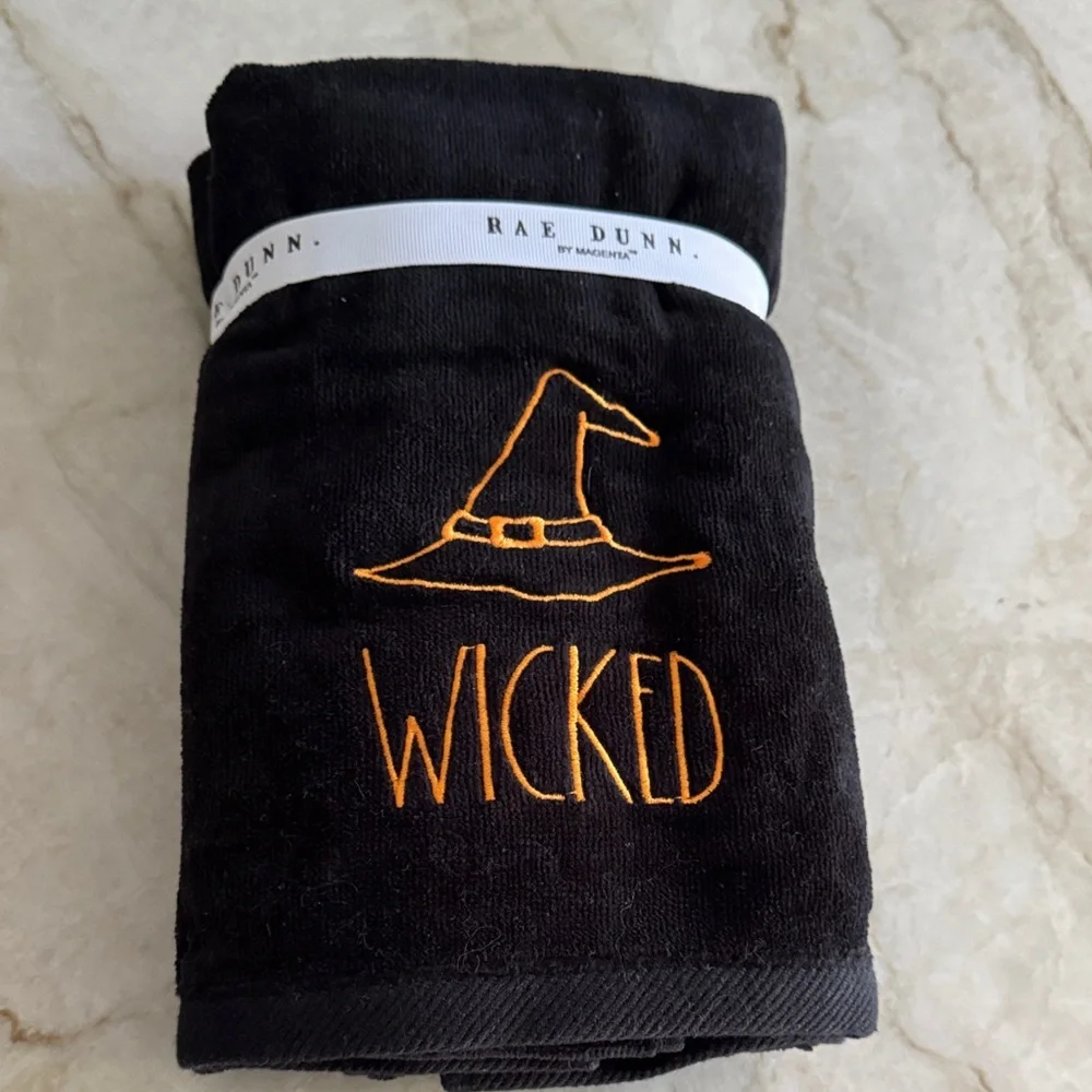 Rae Dunn Black Towel with Orange Witch Hat and Wicked Embroidery- New